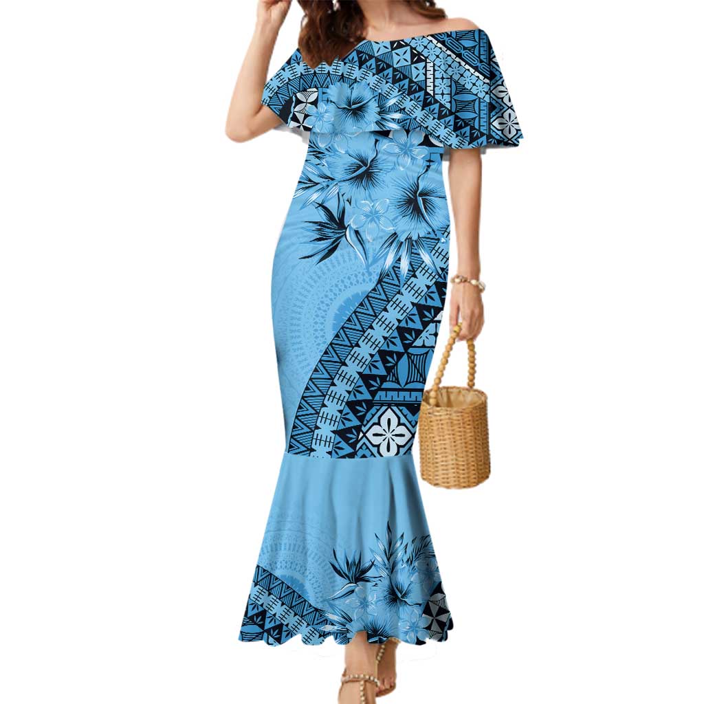 Bula Fiji Family Matching Mermaid Dress and Hawaiian Shirt Turquoise Kaivity Masi Tapa LT7 Mom's Dress Turquoise - Polynesian Pride