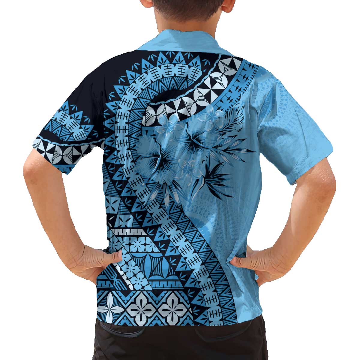 Bula Fiji Family Matching Off The Shoulder Long Sleeve Dress and Hawaiian Shirt Turquoise Kaivity Masi Tapa LT7 - Polynesian Pride