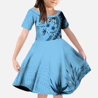 Bula Fiji Family Matching Off The Shoulder Long Sleeve Dress and Hawaiian Shirt Turquoise Kaivity Masi Tapa LT7 Daughter's Dress Turquoise - Polynesian Pride