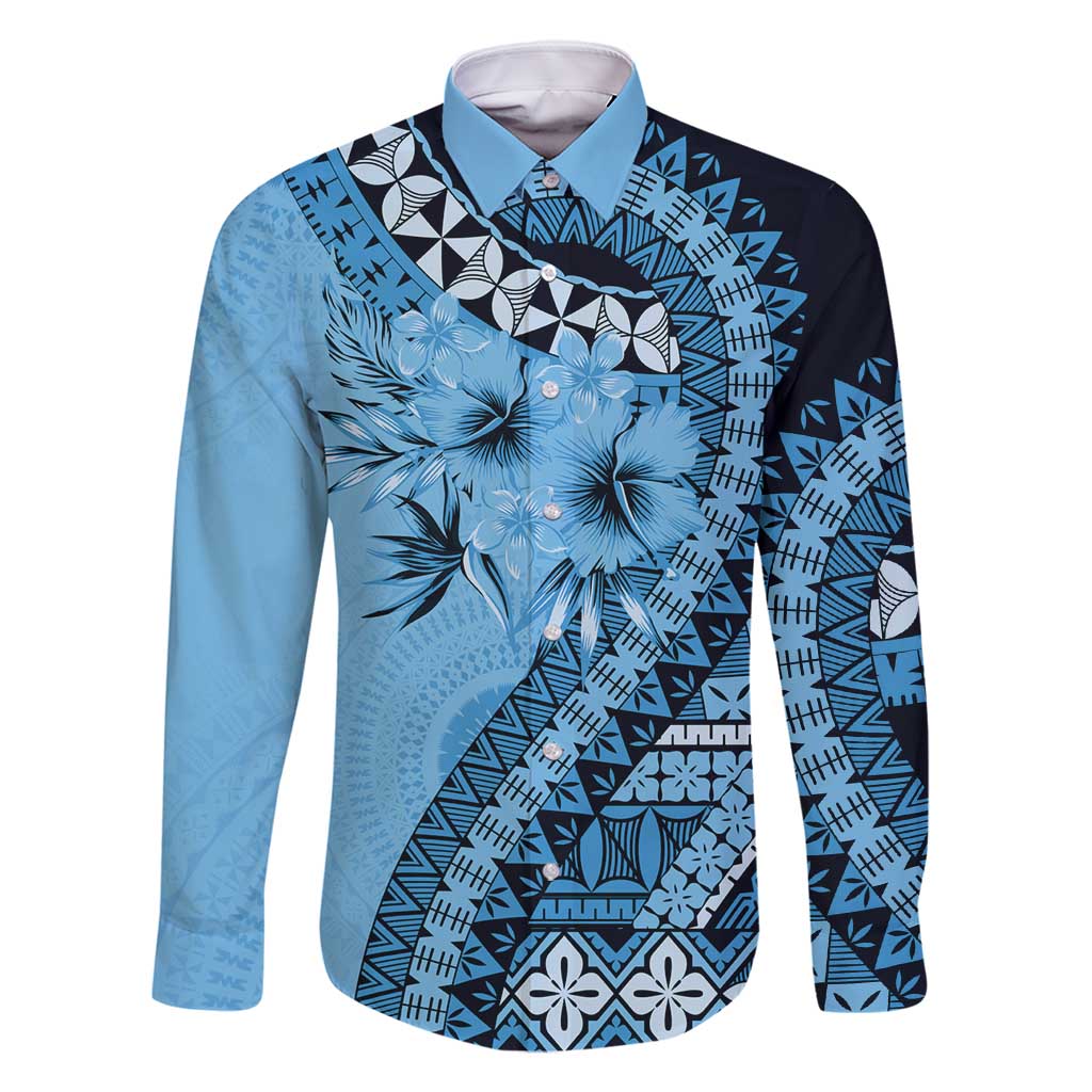 Bula Fiji Family Matching Off Shoulder Maxi Dress and Hawaiian Shirt Turquoise Kaivity Masi Tapa LT7 Dad's Shirt - Long Sleeve Turquoise - Polynesian Pride