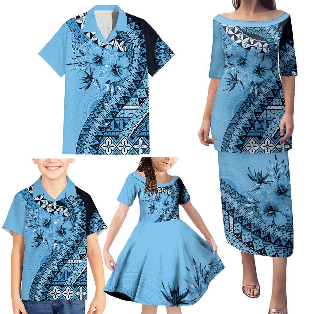 Bula Fiji Family Matching Puletasi and Hawaiian Shirt Turquoise Kaivity Masi Tapa LT7 - Polynesian Pride