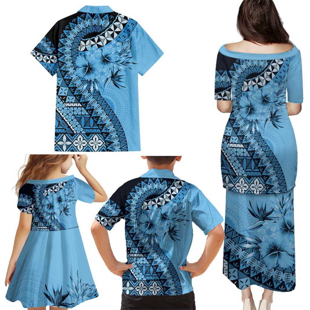 Bula Fiji Family Matching Puletasi and Hawaiian Shirt Turquoise Kaivity Masi Tapa LT7 - Polynesian Pride