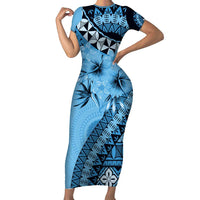 Bula Fiji Family Matching Short Sleeve Bodycon Dress and Hawaiian Shirt Turquoise Kaivity Masi Tapa LT7 Mom's Dress Turquoise - Polynesian Pride