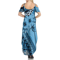 Bula Fiji Family Matching Summer Maxi Dress and Hawaiian Shirt Turquoise Kaivity Masi Tapa LT7 - Polynesian Pride