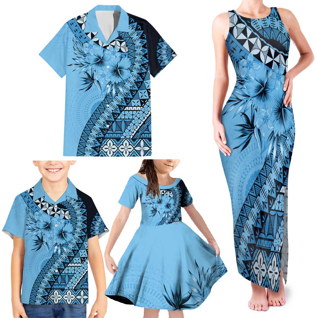 Bula Fiji Family Matching Tank Maxi Dress and Hawaiian Shirt Turquoise Kaivity Masi Tapa LT7 - Polynesian Pride