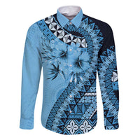 Bula Fiji Family Matching Tank Maxi Dress and Hawaiian Shirt Turquoise Kaivity Masi Tapa LT7 Dad's Shirt - Long Sleeve Turquoise - Polynesian Pride