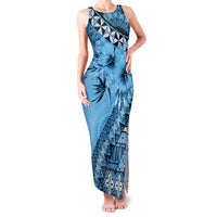 Bula Fiji Family Matching Tank Maxi Dress and Hawaiian Shirt Turquoise Kaivity Masi Tapa LT7 Mom's Dress Turquoise - Polynesian Pride