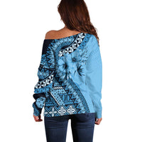 Bula Fiji Off Shoulder Sweater Turquoise Kaivity Masi Tapa LT7 - Polynesian Pride