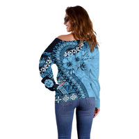 Bula Fiji Off Shoulder Sweater Turquoise Kaivity Masi Tapa LT7 - Polynesian Pride