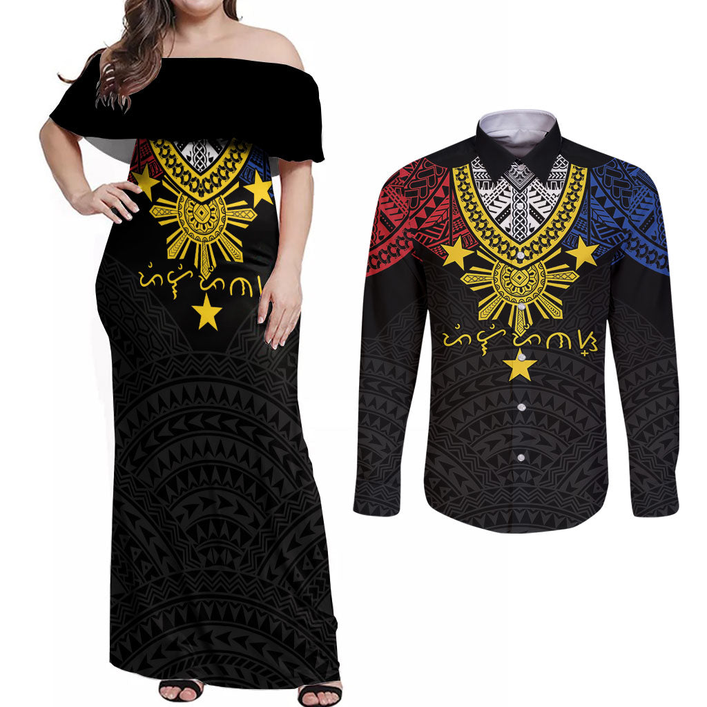 Philippines Heritage Baybayin Mix Polynesian Couples Matching Off Shoulder Maxi Dress and Long Sleeve Button Shirt