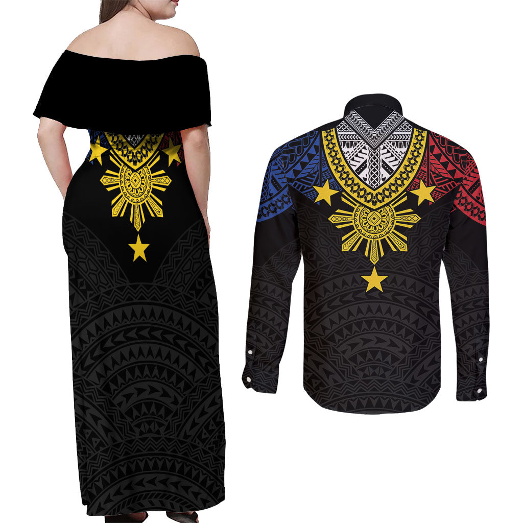 Philippines Heritage Baybayin Mix Polynesian Couples Matching Off Shoulder Maxi Dress and Long Sleeve Button Shirt