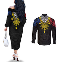 Philippines Heritage Baybayin Mix Polynesian Couples Matching Off The Shoulder Long Sleeve Dress and Long Sleeve Button Shirt LT7 - Polynesian Pride