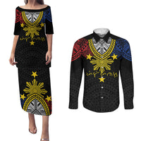 Philippines Heritage Baybayin Mix Polynesian Couples Matching Puletasi and Long Sleeve Button Shirt LT7 Black - Polynesian Pride