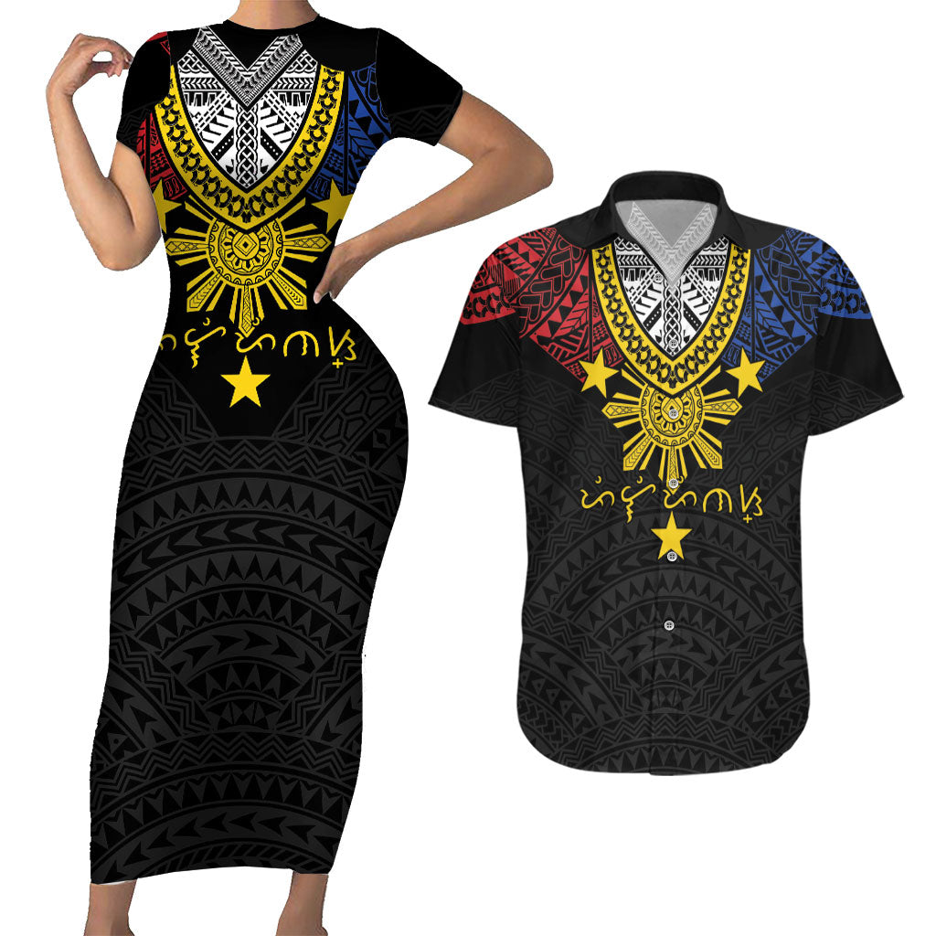Philippines Heritage Baybayin Mix Polynesian Couples Matching Short Sleeve Bodycon Dress and Hawaiian Shirt LT7 Black - Polynesian Pride