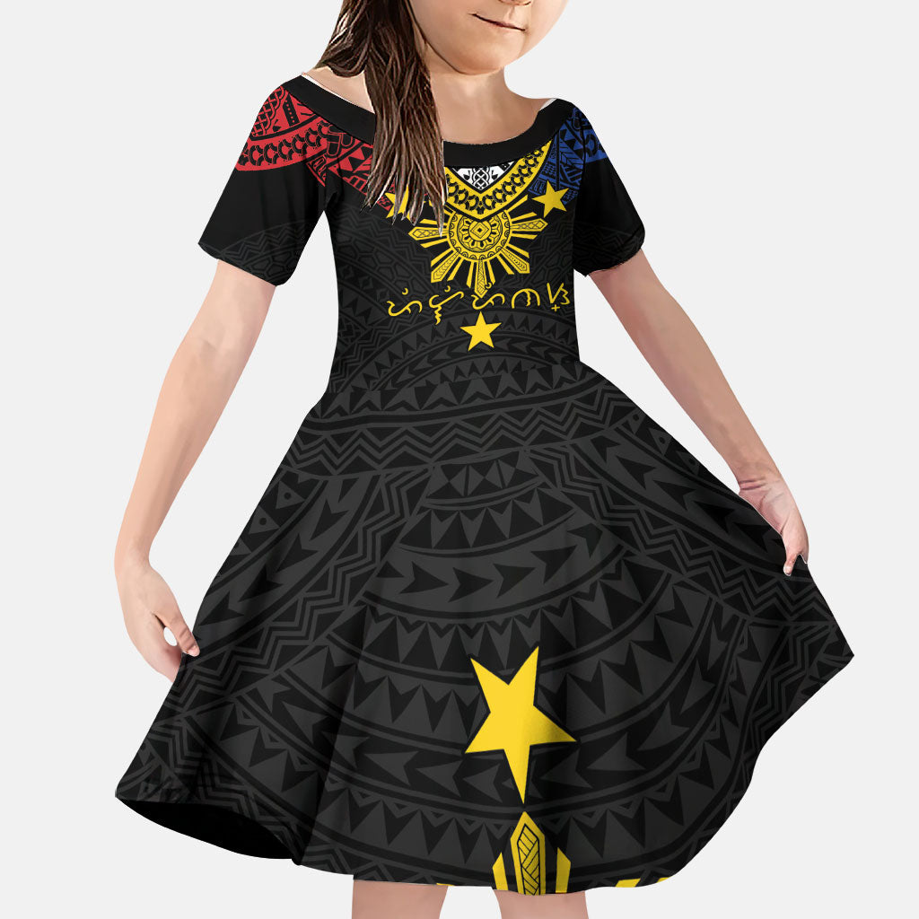 Philippines Heritage Baybayin Mix Polynesian Family Matching Off The Shoulder Long Sleeve Dress and Hawaiian Shirt LT7 Daughter's Dress Black - Polynesian Pride