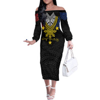 Philippines Heritage Baybayin Mix Polynesian Family Matching Off The Shoulder Long Sleeve Dress and Hawaiian Shirt LT7 Mom's Dress Black - Polynesian Pride