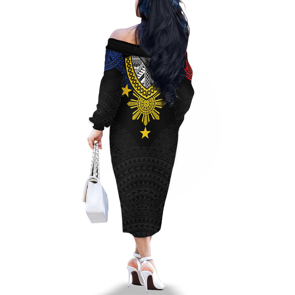 Philippines Heritage Baybayin Mix Polynesian Family Matching Off The Shoulder Long Sleeve Dress and Hawaiian Shirt LT7 - Polynesian Pride
