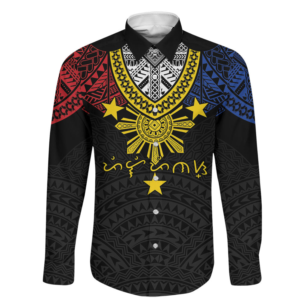 Philippines Heritage Baybayin Mix Polynesian Family Matching Off Shoulder Maxi Dress and Hawaiian Shirt LT7 Dad's Shirt - Long Sleeve Black - Polynesian Pride