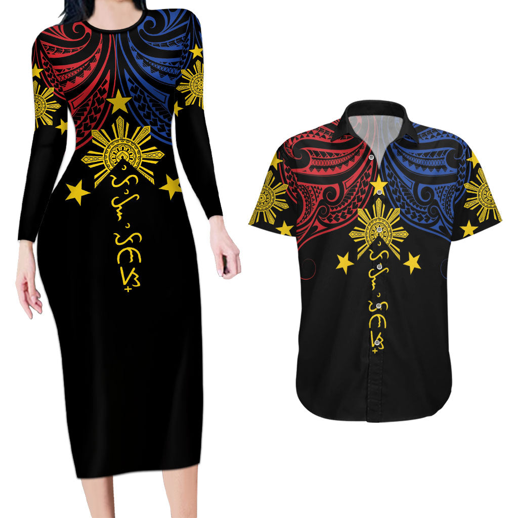 Philippines Heritage Personalized Couples Matching Long Sleeve Bodycon Dress and Hawaiian Shirt Baybayin Philipinas Sun LT7 Black - Polynesian Pride