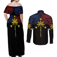 Philippines Heritage Personalized Couples Matching Off Shoulder Maxi Dress and Long Sleeve Button Shirt Baybayin Philipinas Sun