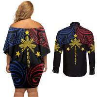Philippines Heritage Personalized Couples Matching Off Shoulder Short Dress and Long Sleeve Button Shirt Baybayin Philipinas Sun
