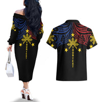 Philippines Heritage Personalized Couples Matching Off The Shoulder Long Sleeve Dress and Hawaiian Shirt Baybayin Philipinas Sun LT7 - Polynesian Pride