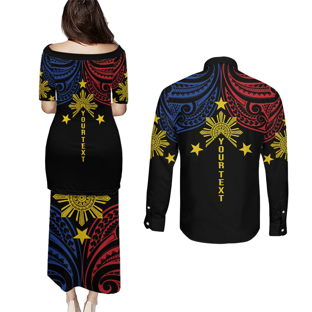 Philippines Heritage Personalized Couples Matching Puletasi and Long Sleeve Button Shirt Baybayin Philipinas Sun