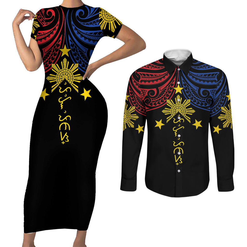 Philippines Heritage Personalized Couples Matching Short Sleeve Bodycon Dress and Long Sleeve Button Shirt Baybayin Philipinas Sun