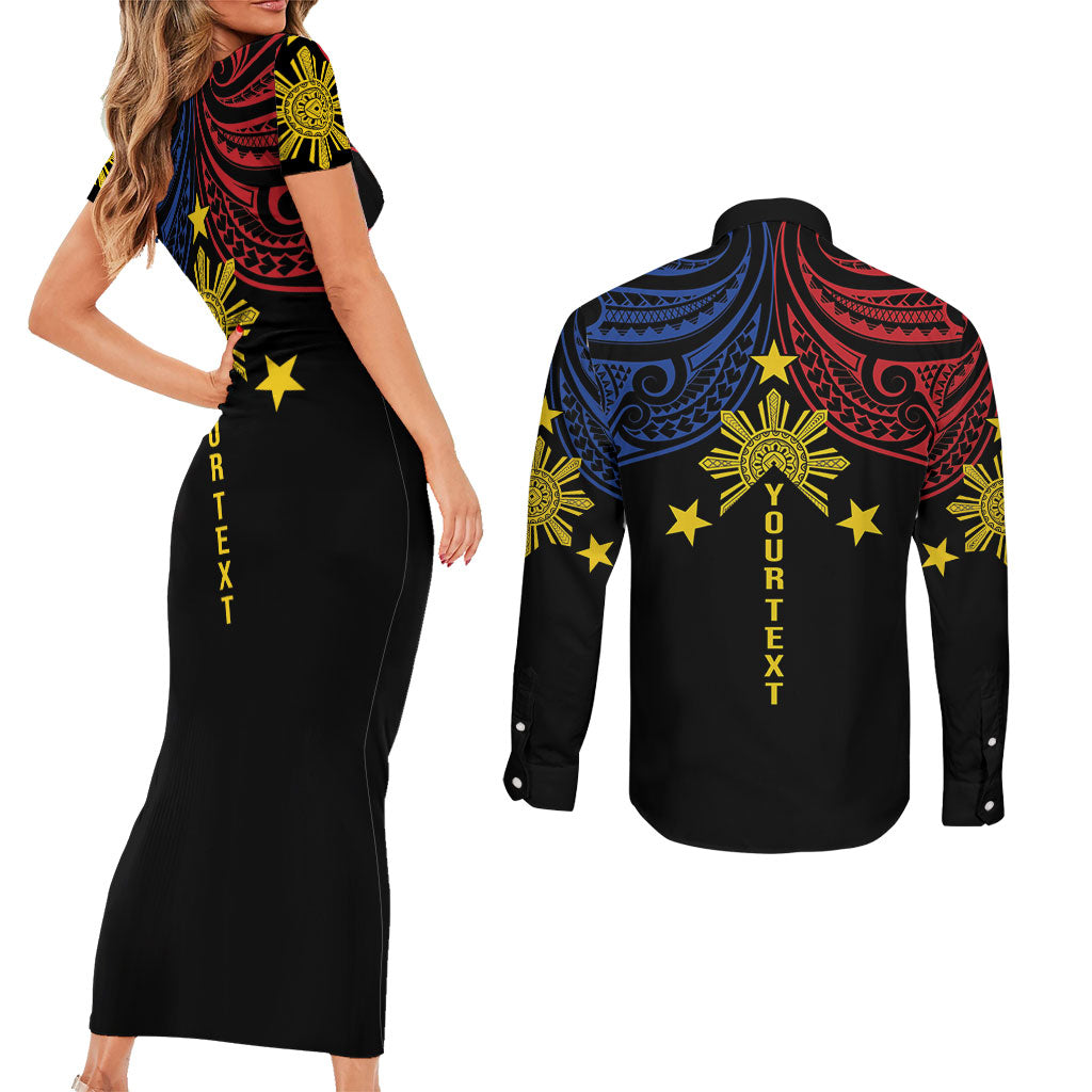 Philippines Heritage Personalized Couples Matching Short Sleeve Bodycon Dress and Long Sleeve Button Shirt Baybayin Philipinas Sun