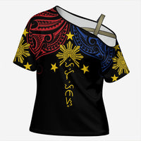 Philippines Heritage Personalized Cross Shoulder Shirt Baybayin Philipinas Sun LT7 Female Black - Polynesian Pride