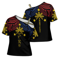 Philippines Heritage Personalized Cross Shoulder Shirt Baybayin Philipinas Sun LT7 - Polynesian Pride