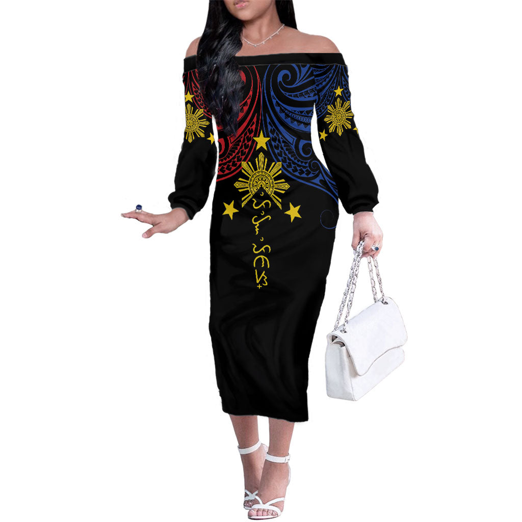 Philippines Heritage Personalized Family Matching Off The Shoulder Long Sleeve Dress and Hawaiian Shirt Baybayin Philipinas Sun LT7 Mom's Dress Black - Polynesian Pride