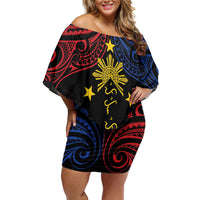 Philippines Heritage Personalized Family Matching Off Shoulder Short Dress and Hawaiian Shirt Baybayin Philipinas Sun LT7 Mom's Dress Black - Polynesian Pride