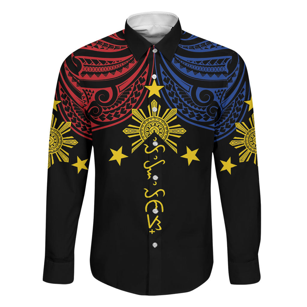 Philippines Heritage Personalized Family Matching Puletasi and Hawaiian Shirt Baybayin Philipinas Sun LT7 Dad's Shirt - Long Sleeve Black - Polynesian Pride