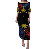Philippines Heritage Personalized Family Matching Puletasi and Hawaiian Shirt Baybayin Philipinas Sun LT7 Mom's Dress Black - Polynesian Pride