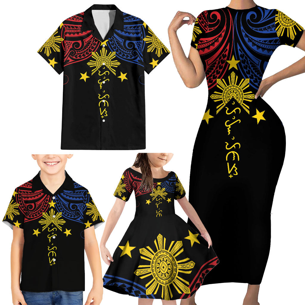 Philippines Heritage Personalized Family Matching Short Sleeve Bodycon Dress and Hawaiian Shirt Baybayin Philipinas Sun