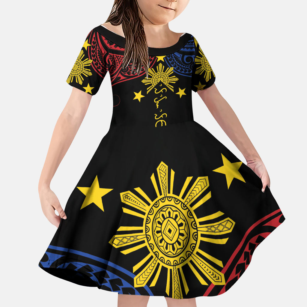Philippines Heritage Personalized Family Matching Summer Maxi Dress and Hawaiian Shirt Baybayin Philipinas Sun LT7 Daughter's Dress Black - Polynesian Pride