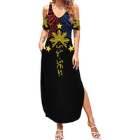 Philippines Heritage Personalized Family Matching Summer Maxi Dress and Hawaiian Shirt Baybayin Philipinas Sun LT7 Mom's Dress Black - Polynesian Pride