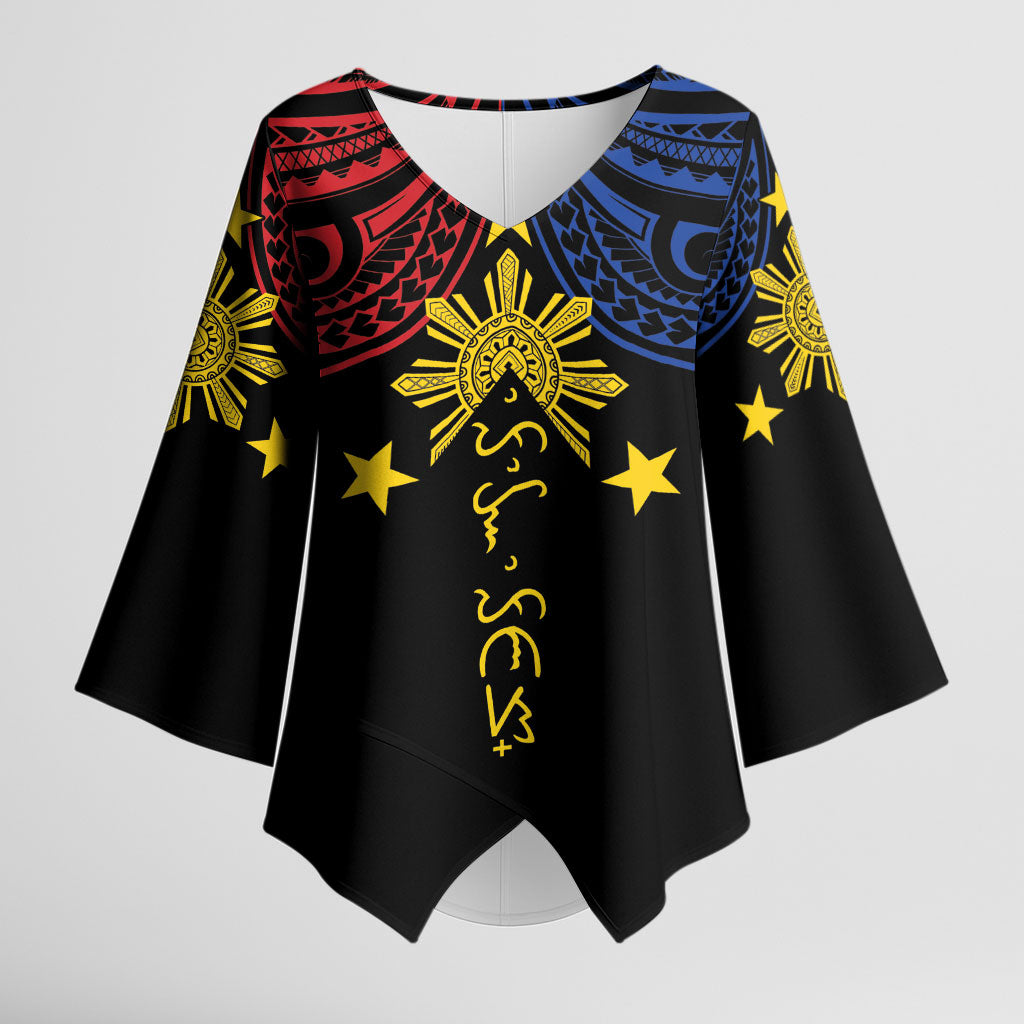 Philippines Heritage Personalized Kimono Sleeve Blouse Baybayin Philipinas Sun LT7 Female Black - Polynesian Pride