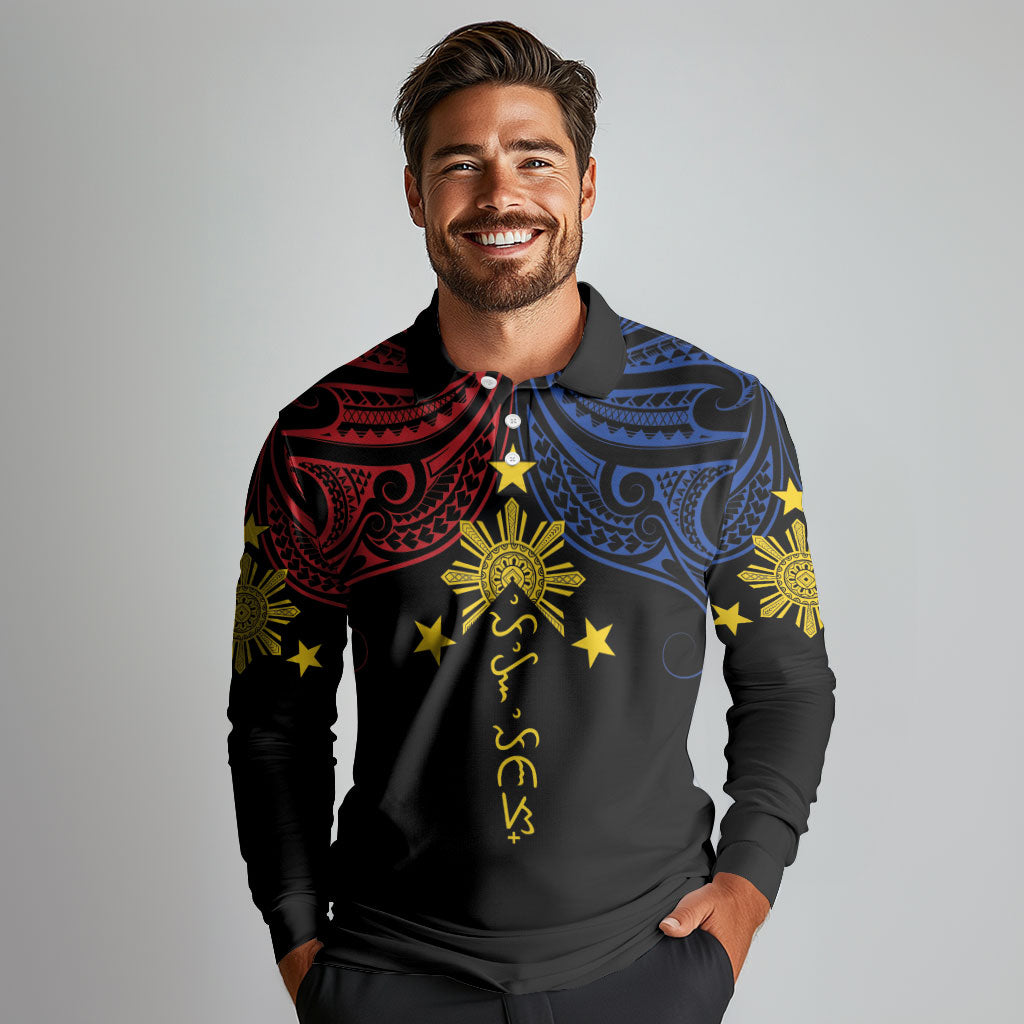Philippines Heritage Personalized Long Sleeve Polo Shirt Baybayin Philipinas Sun