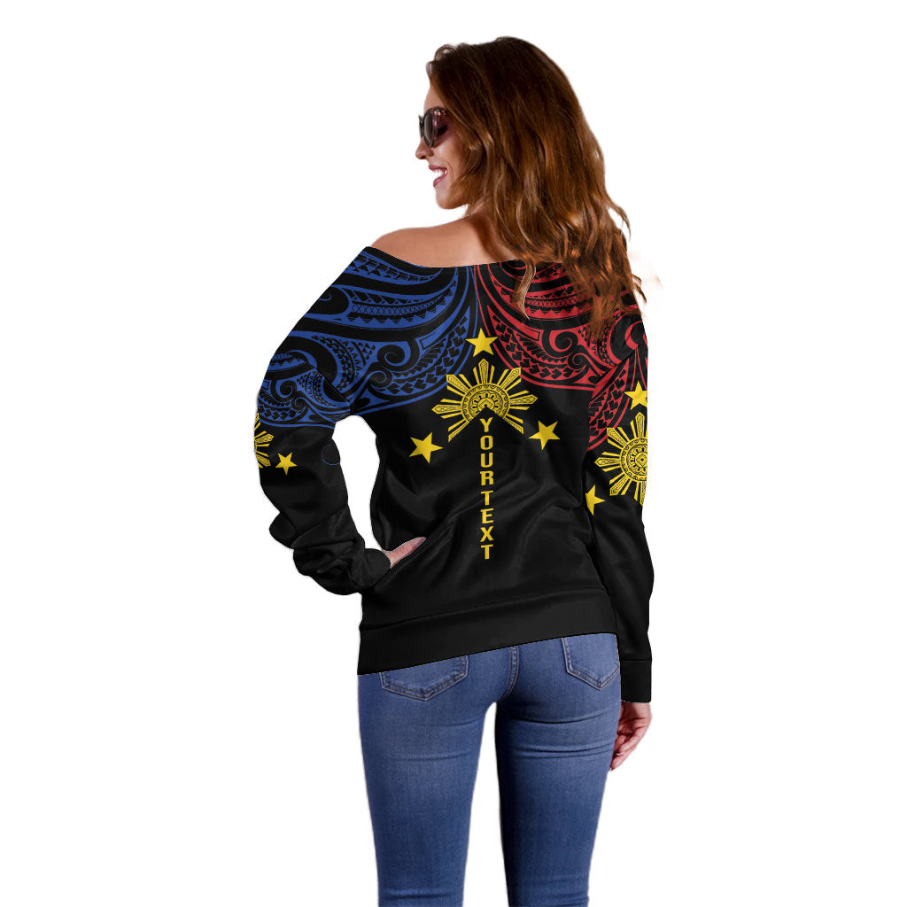 Philippines Heritage Personalized Off Shoulder Sweater Baybayin Philipinas Sun