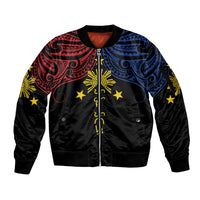 Philippines Heritage Personalized Sleeve Zip Bomber Jacket Baybayin Philipinas Sun