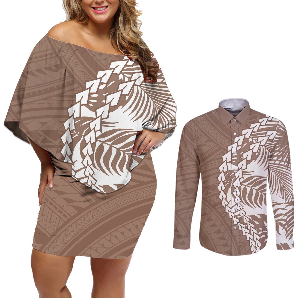 Polynesian Pride Couples Matching Off Shoulder Short Dress and Long Sleeve Button Shirts Polynesia Tribal - Tropical Brown LT7 Brown - Polynesian Pride