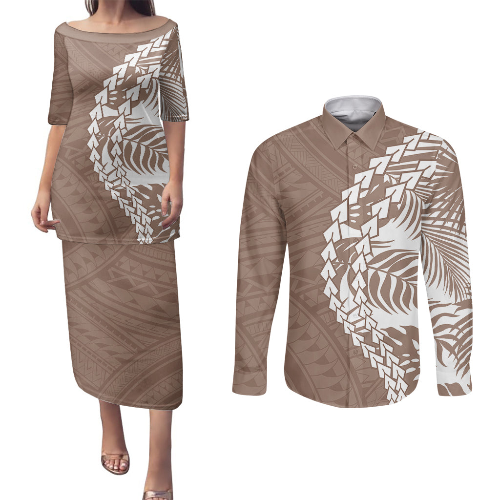 Polynesian Pride Couples Matching Puletasi Dress and Long Sleeve Button Shirts Polynesia Tribal - Tropical Brown LT7 Brown - Polynesian Pride