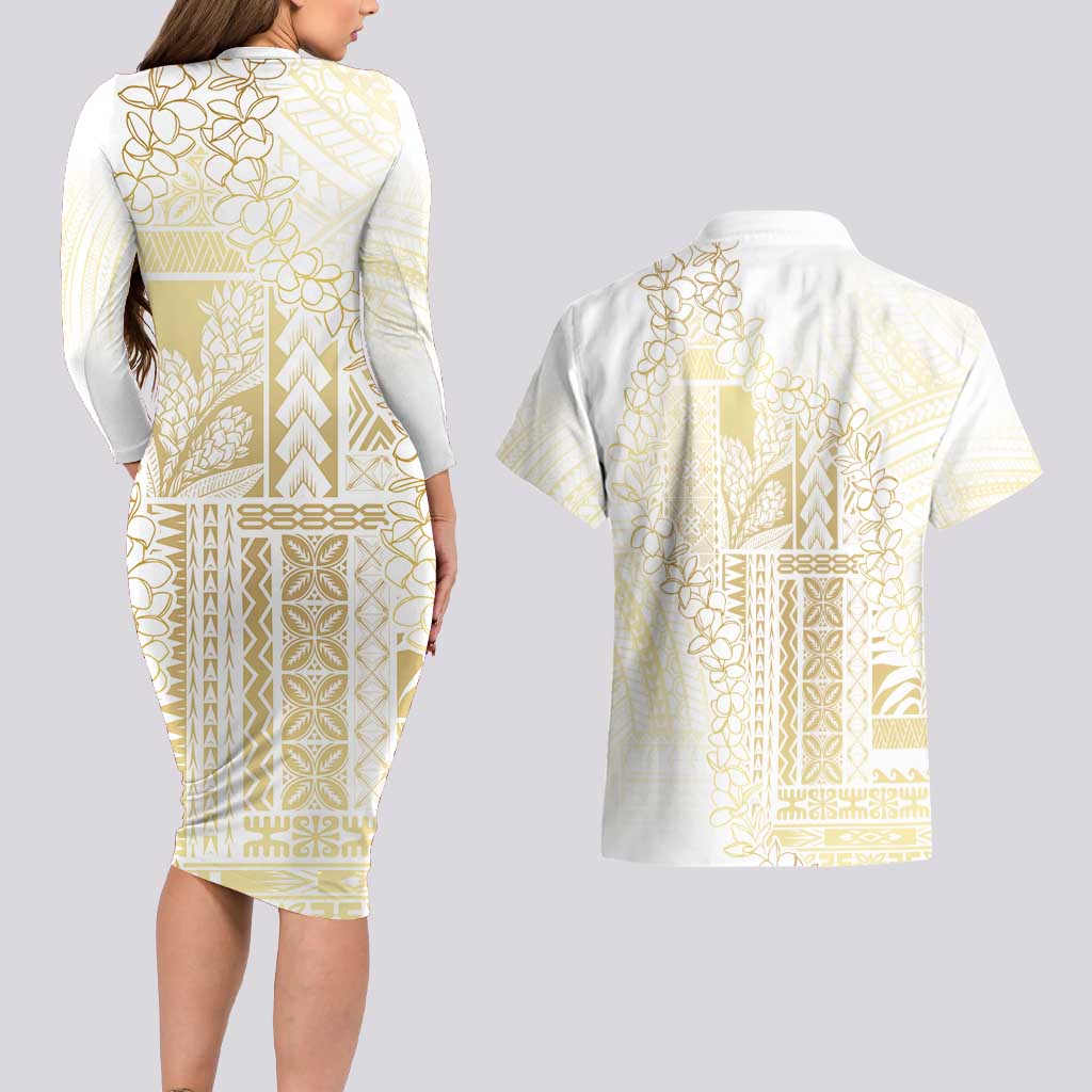 Samoa Lotu Tamaiti Mamanu Siapo Couples Matching Long Sleeve Bodycon Dress and Hawaiian Shirt Golden Plumeria LT7 - Polynesian Pride