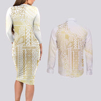 Samoa Lotu Tamaiti Mamanu Siapo Couples Matching Long Sleeve Bodycon Dress and Long Sleeve Button Shirt Golden Plumeria LT7 - Polynesian Pride