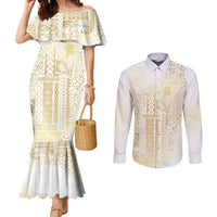 Samoa Lotu Tamaiti Mamanu Siapo Couples Matching Mermaid Dress and Long Sleeve Button Shirt Golden Plumeria LT7 Gold - Polynesian Pride