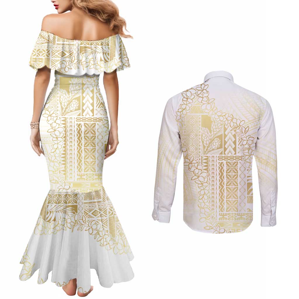 Samoa Lotu Tamaiti Mamanu Siapo Couples Matching Mermaid Dress and Long Sleeve Button Shirt Golden Plumeria LT7 - Polynesian Pride