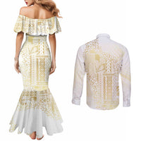 Samoa Lotu Tamaiti Mamanu Siapo Couples Matching Mermaid Dress and Long Sleeve Button Shirt Golden Plumeria LT7 - Polynesian Pride