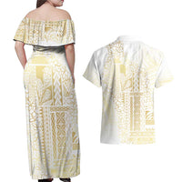Samoa Lotu Tamaiti Mamanu Siapo Couples Matching Off Shoulder Maxi Dress and Hawaiian Shirt Golden Plumeria LT7 - Polynesian Pride